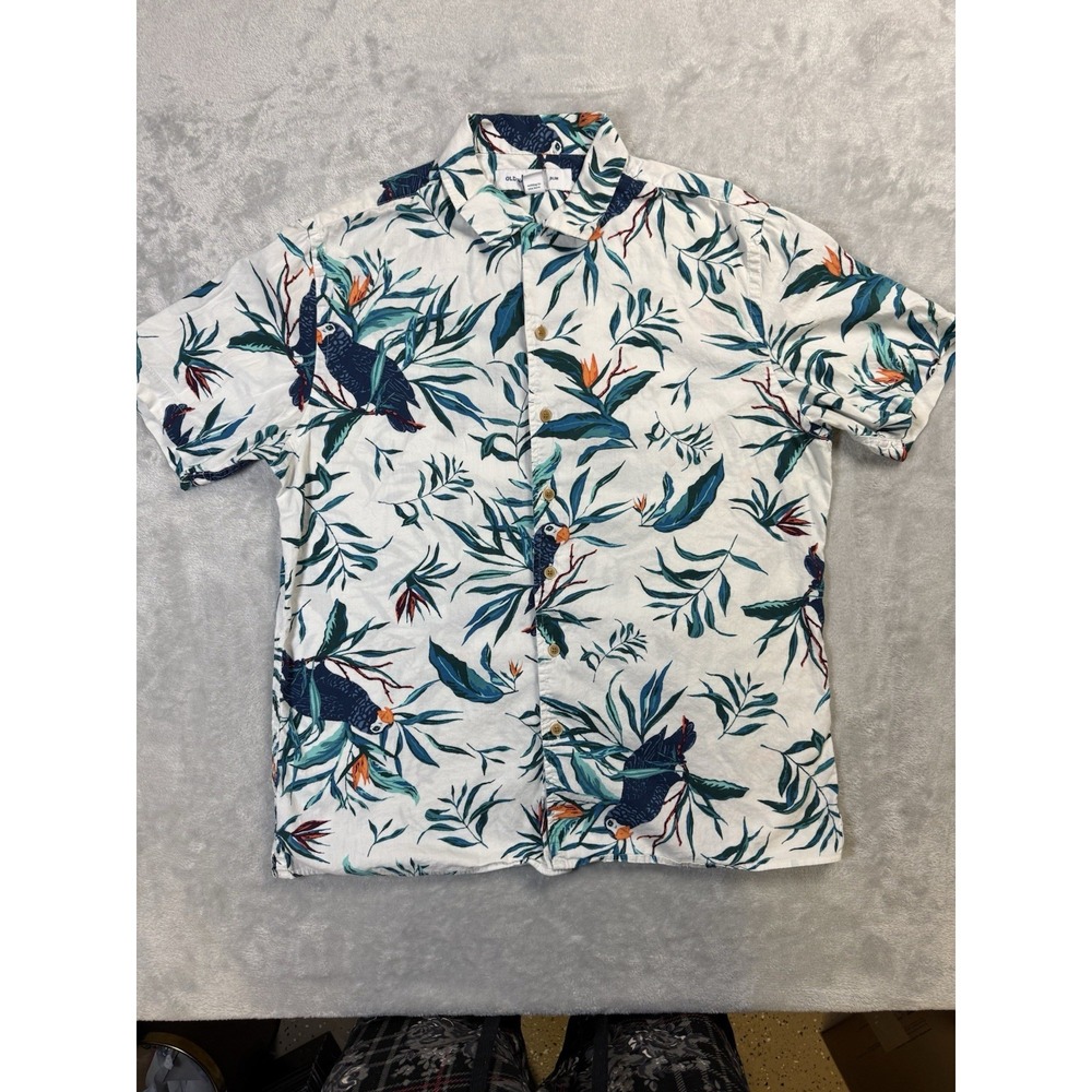 Old Navy Men's M Slim Stretch Tropical Bird Print Short Sleeve Button-Up Shirt